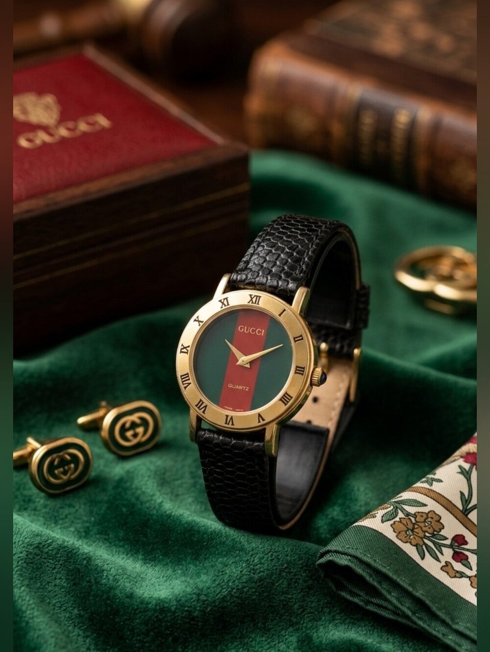 ​Vintage 1990's Gucci 3000M Quartz Watch - Green & Red Sherry Web Dial